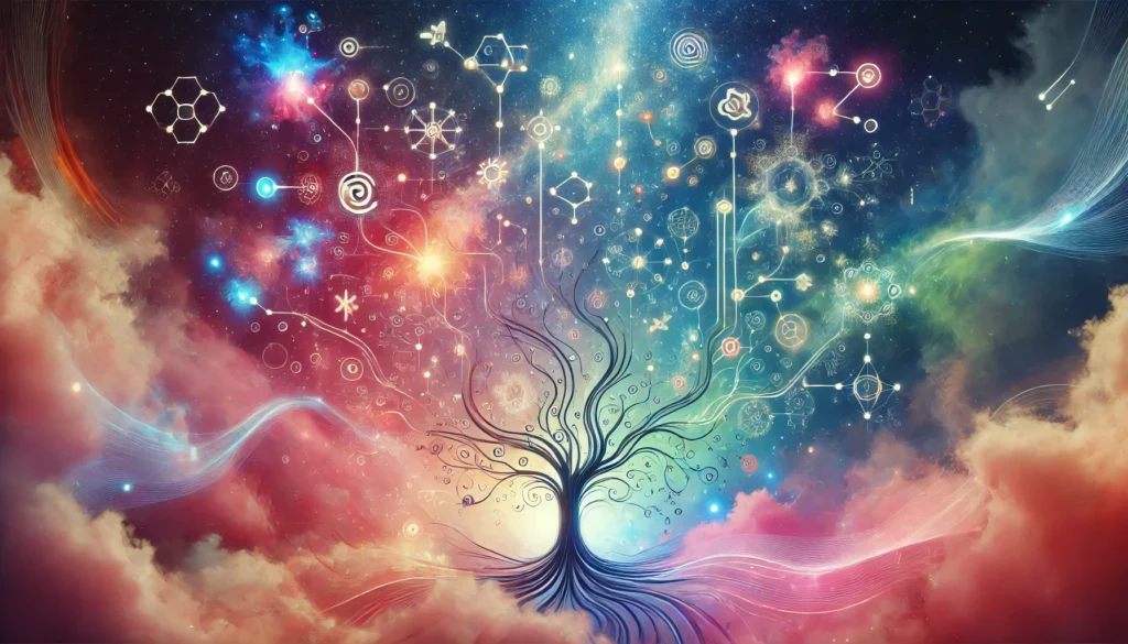 A surreal depiction of mind mapping, showing a glowing tree with branching paths filled with colorful abstract shapes and symbols representing ideas, set against a cosmic sky blending pink, blue, and purple hues, evoking inspiration and exploration.