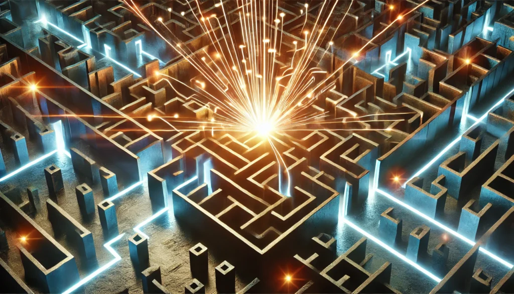 A symbolic depiction of lateral thinking, showing a glowing labyrinth with beams of light breaking through walls to form unexpected connections, illuminated with a blend of cool and warm tones, evoking creativity and problem-solving.