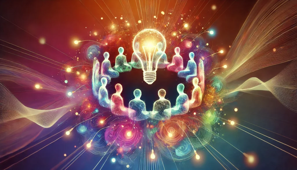 An abstract visualization of creative collaboration, featuring multiple vibrant human silhouettes made of glowing lines, connected by colorful energy streams in a swirl of ideas, with a background blending warm hues of orange, pink, and purple symbolizing teamwork and shared creativity.