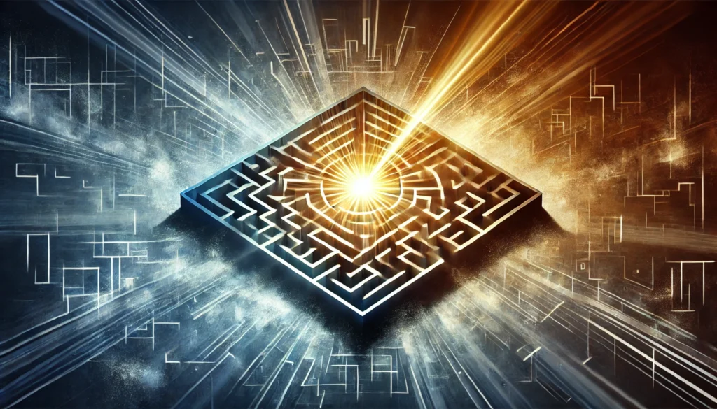 A symbolic representation of problem-solving in critical thinking, featuring a glowing maze with multiple pathways and a beam of light breaking through the center, set against a background blending cool and warm hues to evoke clarity and insight.