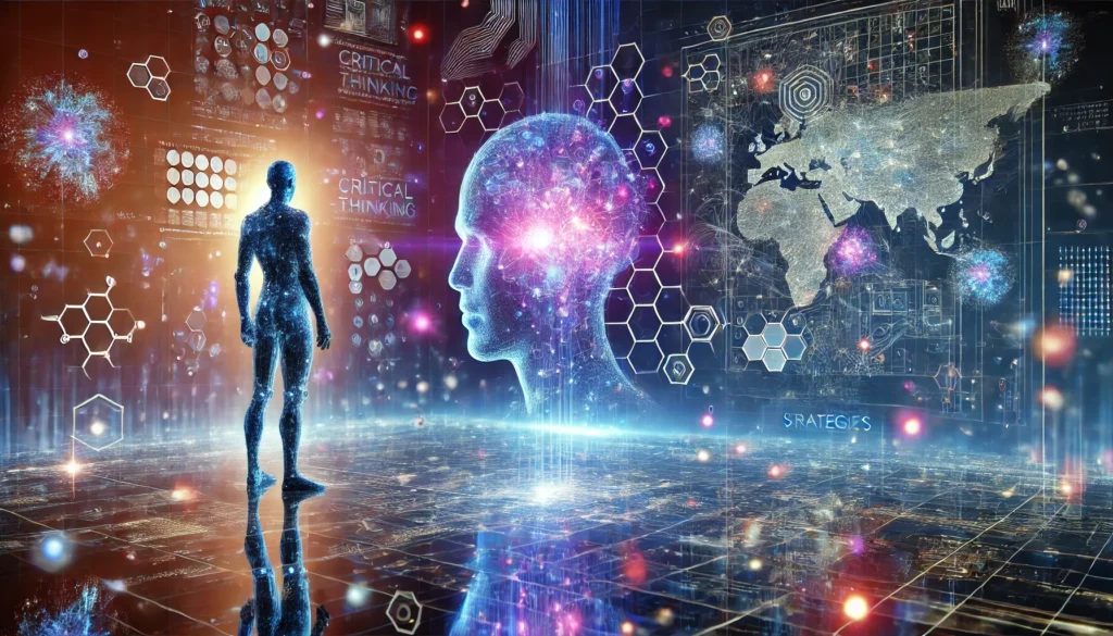 A futuristic depiction of critical thinking strategies, showing a human figure interacting with a digital interface filled with glowing nodes, connections, and abstract data streams, symbolizing analytical reasoning and decision-making, set against a deep blue and vibrant purple background evoking intelligence and innovation.