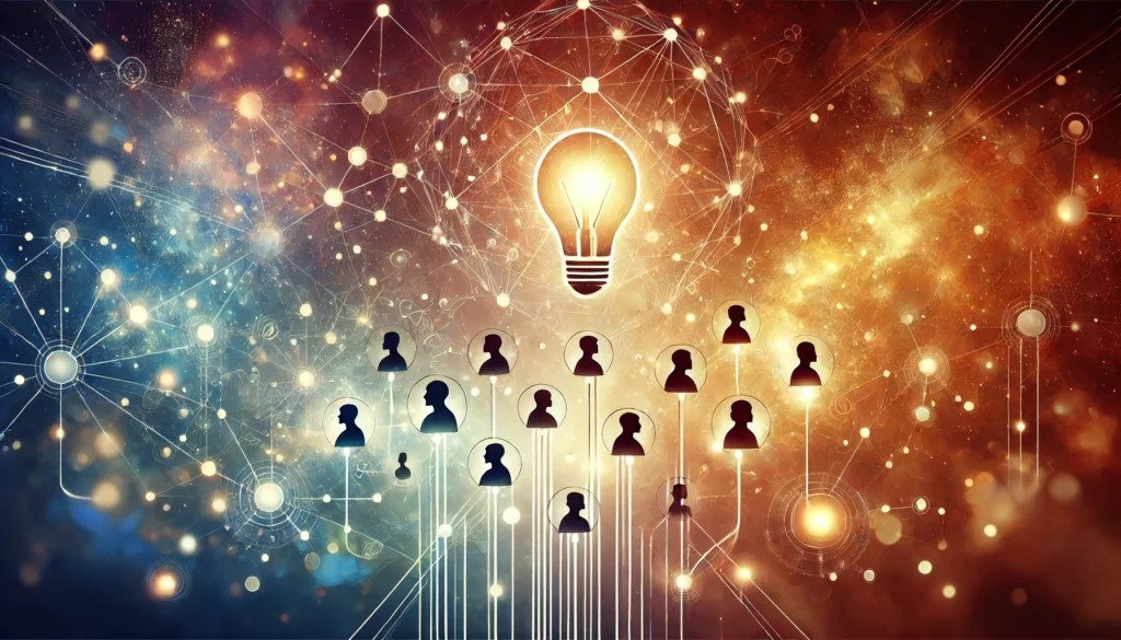 A symbolic depiction of innovation through collaboration, showing multiple human silhouettes interconnected by glowing lines and abstract nodes, representing idea sharing and collective creativity, set against a cosmic gradient background blending warm and cool tones to evoke unity and progress.