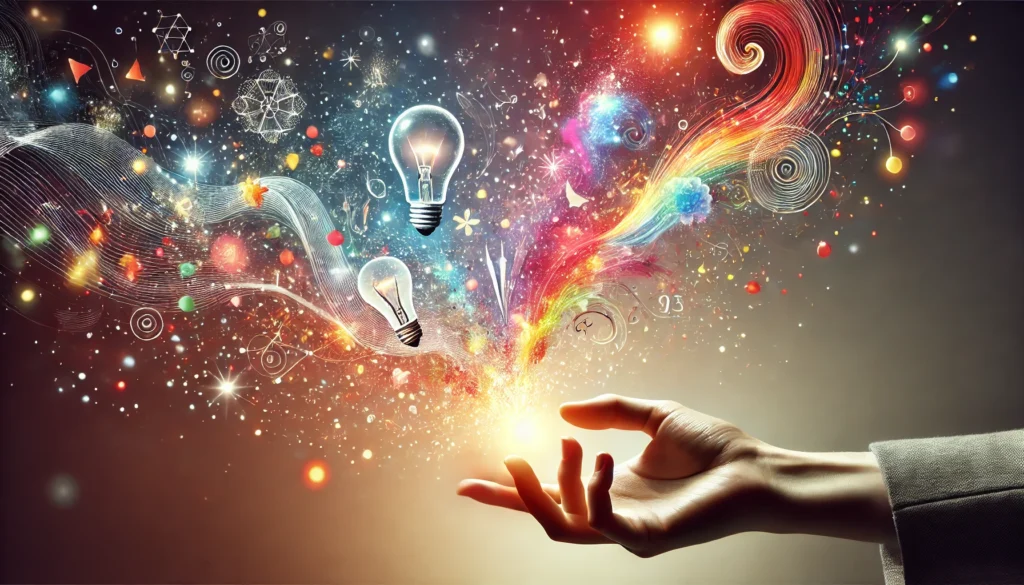 A conceptual depiction of creative thinking, showing a human hand releasing a burst of colorful particles, abstract shapes, and glowing trails into the air, symbolizing imagination and artistic flow, set against a soft gradient background blending warm and cool hues.