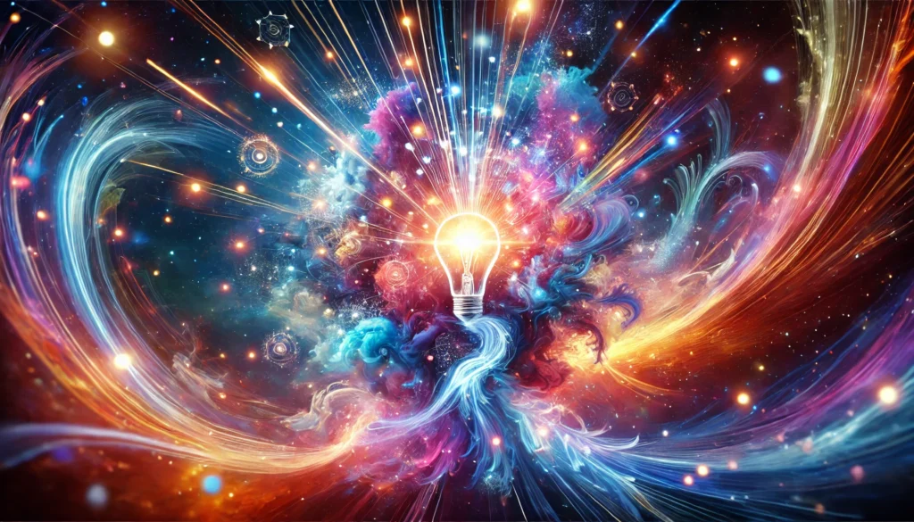An abstract visualization of inspiration and creativity, showcasing a radiant explosion of colorful light beams, swirling patterns, and cosmic particles bursting from a central point, set against a deep blue and purple background, symbolizing the spark of ideas and artistic energy.