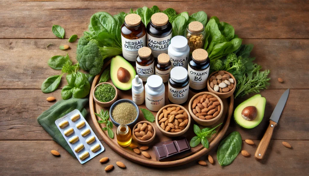 "A holistic supplement arrangement for easing menstrual pain. A wooden table holds bottles of herbal extracts, magnesium capsules, omega-3 soft gels, and vitamin B6 tablets. Nearby, fresh foods like almonds, leafy greens, avocados, and dark chocolate are arranged to highlight their natural benefits for menstrual relief."