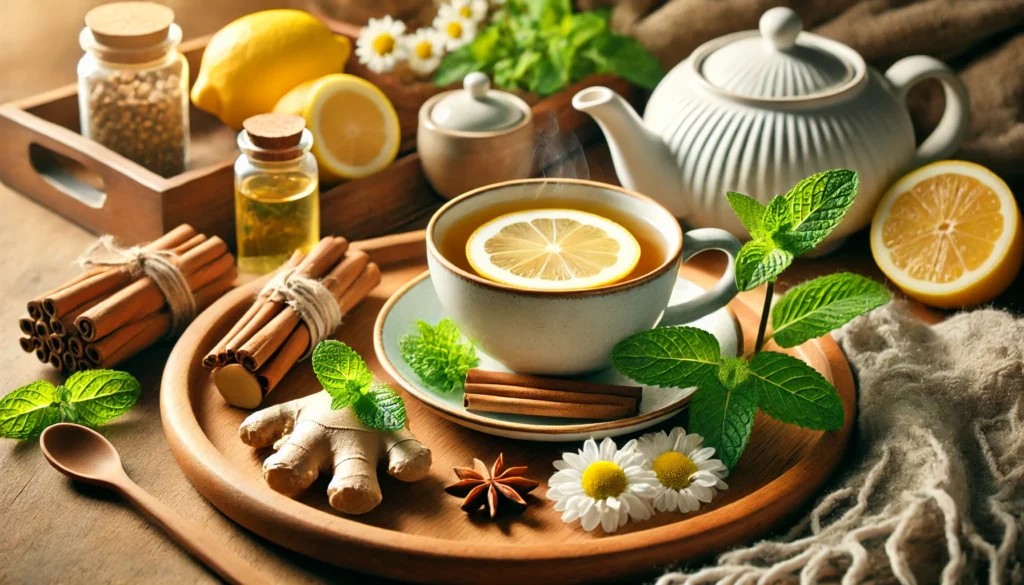 "A calming herbal tea setup for menstrual pain relief. A steaming cup of chamomile and ginger tea sits on a wooden tray, surrounded by fresh mint leaves, lemon slices, and cinnamon sticks. The warm atmosphere and natural ingredients emphasize relaxation and soothing comfort."