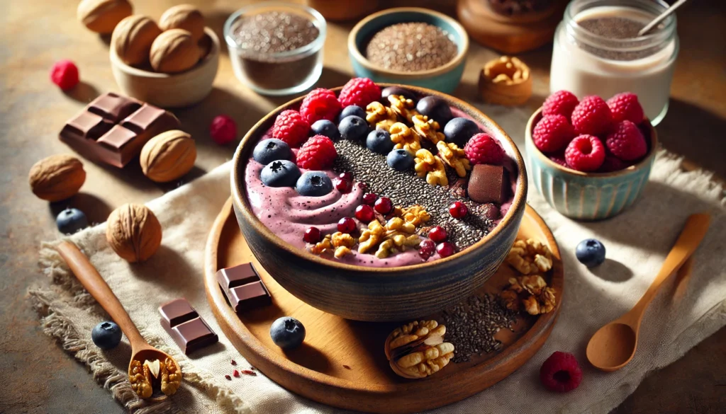 "A nutrient-rich smoothie bowl designed to ease menstrual pain. The bowl is filled with blended berries, yogurt, flaxseeds, and dark chocolate, topped with fresh walnuts and chia seeds. Soft natural lighting and a cozy setting enhance the soothing and nourishing atmosphere."