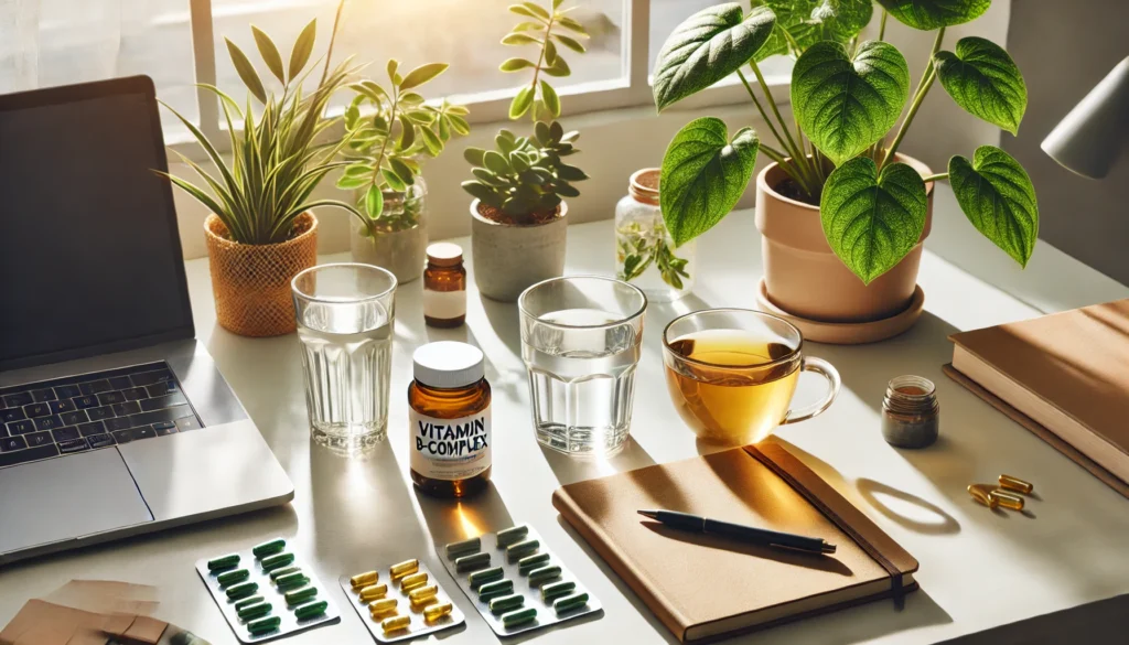 "A bright and energizing workspace setup with supplements for mental clarity and well-being. A desk features a glass of water, vitamin B-complex capsules, and a cup of green tea, alongside a potted plant, a notebook, and sunlight streaming in, creating a focused and uplifting atmosphere."