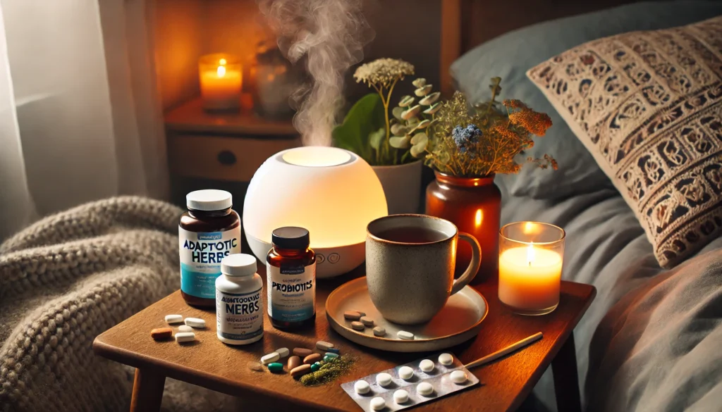 "A holistic self-care setup with supplements for mental wellness. A bedside table holds a warm cup of herbal tea, a diffuser emitting calming mist, and bottles of adaptogenic herbs, probiotics, and magnesium. Soft candlelight and a cozy ambiance evoke relaxation and emotional balance."