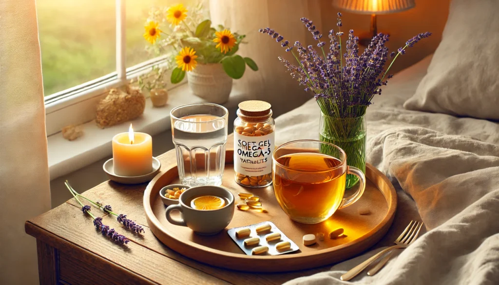 "A peaceful morning routine setup promoting mental well-being with supplements. A wooden tray holds a glass of water, soft gel omega-3 capsules, vitamin D tablets, and a cup of chamomile tea. A sunlit window, fresh lavender, and a warm ambiance create a relaxing and uplifting mood."