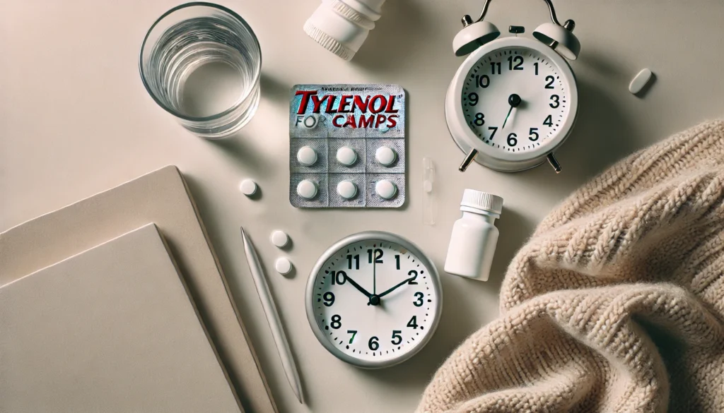 "A minimalist medical-themed layout showing responsible use of Tylenol for cramps. A blister pack of tablets sits next to a digital clock, a glass of water, and a cozy blanket. The soft natural lighting and clean design emphasize safety, timing, and proper medication use."