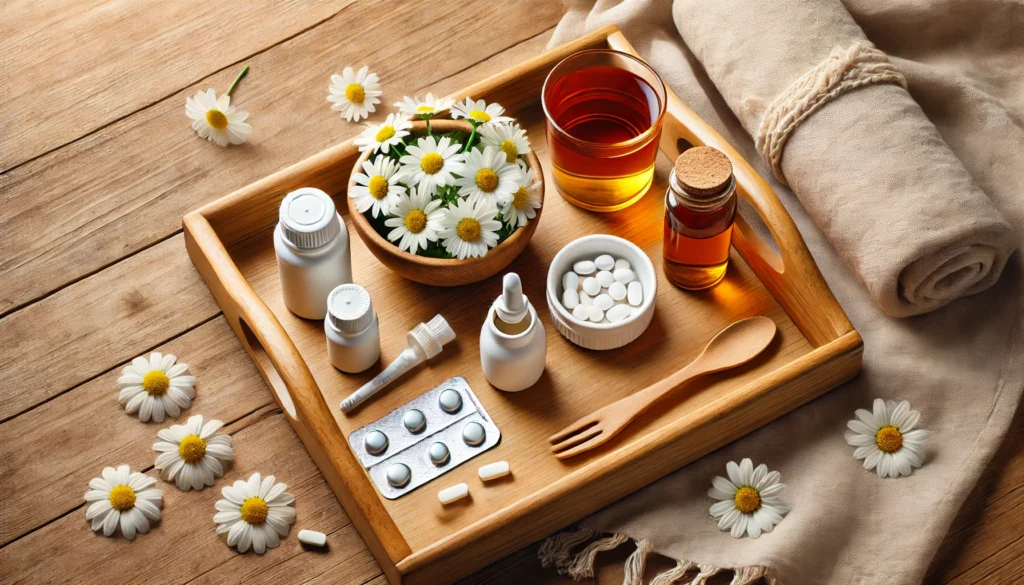 "A visual representation of safe pain relief for cramps. A neatly arranged wooden tray holds a small bottle of painkillers, a spoonful of liquid medicine, and a cup of herbal tea. Fresh chamomile flowers and a warm towel add a sense of comfort and care."