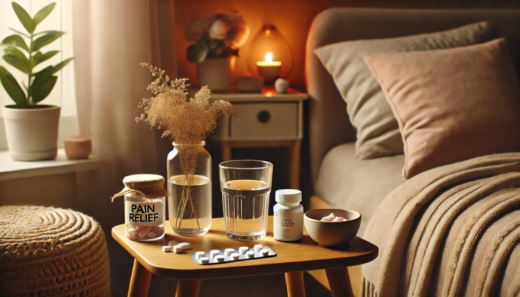 "A calming home setting showing proper medication use for menstrual cramps. A bedside table holds a glass of water, a small bottle of pain relief tablets, and a warm herbal tea. A soft blanket and gentle lighting create a soothing and comfortable atmosphere."