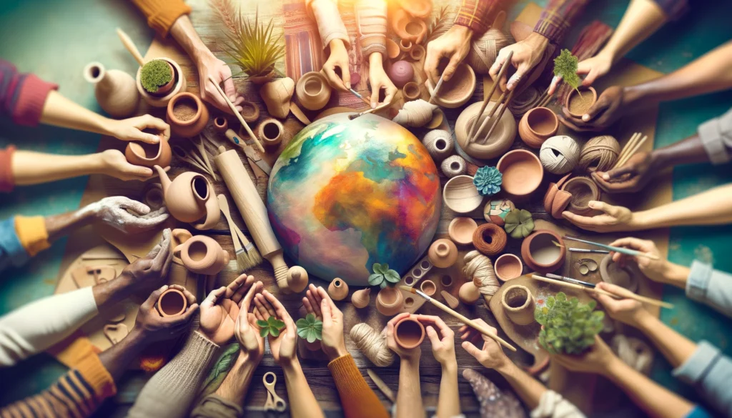 A close-up digital illustration of diverse hands engaged in creative activities such as pottery, woodworking, painting, and gardening, set against a natural, earthy backdrop with soft lighting, symbolizing craftsmanship and teamwork.