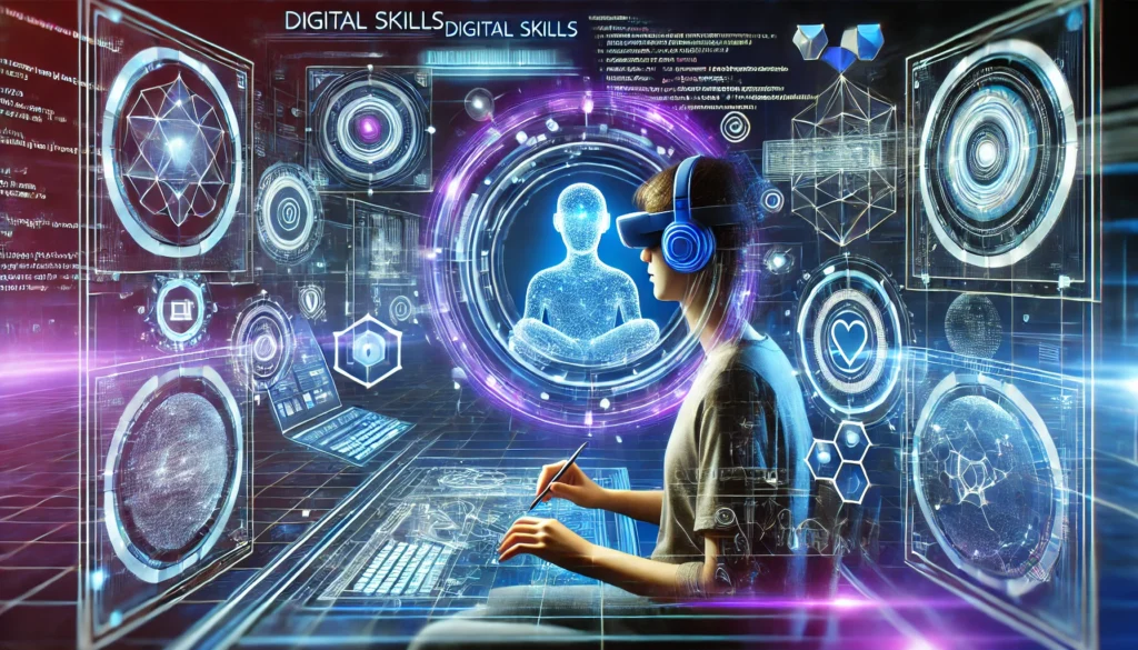 A digital illustration of a person immersed in virtual and augmented reality, surrounded by holograms showing code, data analytics, and digital tools, set in a sleek, high-tech environment with neon blue and purple hues, symbolizing digital skills and technological innovation.