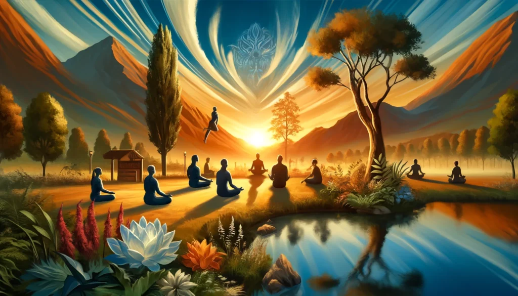 A digital illustration of people practicing mindfulness, teamwork through group exercises, and mentoring in a serene outdoor setting with trees, mountains, and a warm sunrise, symbolizing personal growth, emotional intelligence, and well-being.