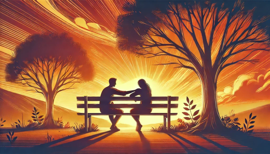 A digital illustration of two individuals sitting on a park bench at sunset, with one offering comfort through a gentle hand on the other's shoulder, set against a warm, peaceful landscape, symbolizing empathy, emotional intelligence, and supportive communication.