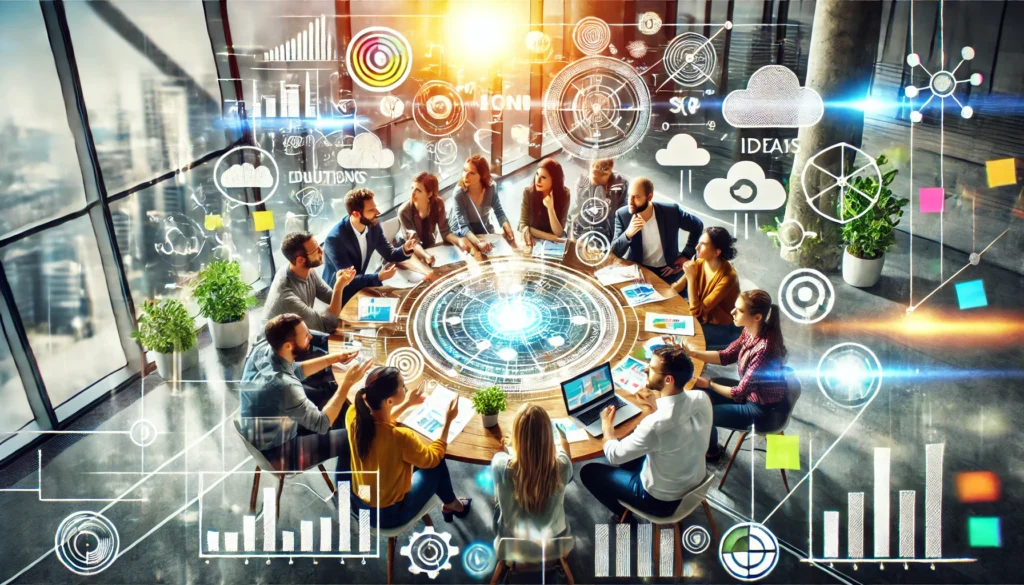 A digital illustration of a diverse group of people brainstorming around a table in a modern workspace filled with natural light, green plants, and creative tools like sticky notes and diagrams, symbolizing teamwork, collaboration, and problem-solving.
