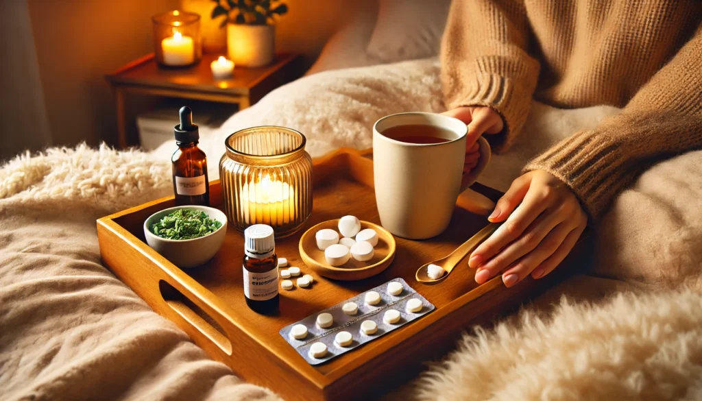 "A relaxing evening routine setup for managing PMDD with medications and alternative treatments. A wooden tray holds a prescription medication bottle, a warm cup of chamomile tea, and a bottle of essential oils. Nearby, a cozy candle, a fluffy blanket, and soft lighting create a comforting and supportive environment for emotional balance."