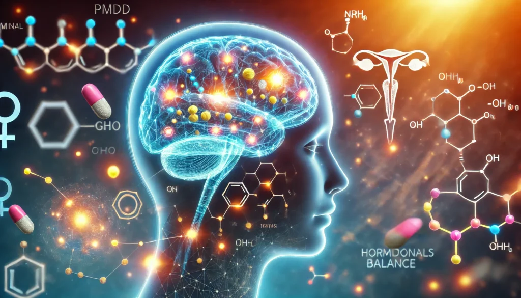 "A scientific visualization of brain chemistry and hormonal balance related to PMDD. A glowing representation of neurotransmitters interacting with brain receptors illustrates the effect of medications and supplements on mood regulation. The background includes a subtle abstract overlay of a female silhouette with hormonal pathways highlighted."