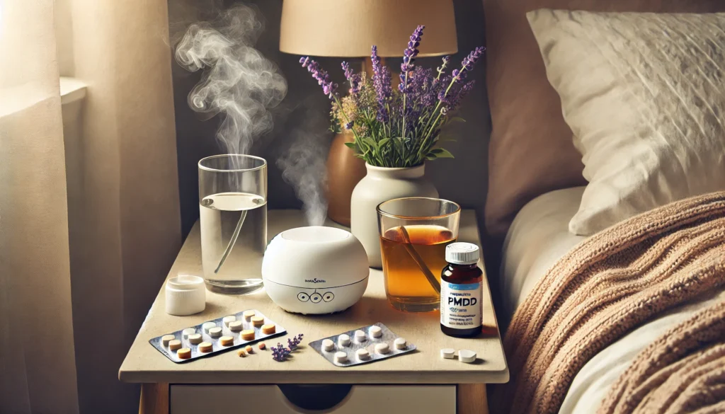 "A holistic self-care setup for managing PMDD symptoms with medications and natural treatments. A bedside table holds a prescription pill bottle, a glass of water, and a diffuser emitting calming mist. Next to them, a cup of herbal tea, lavender flowers, and soft lighting create a relaxing and supportive environment."