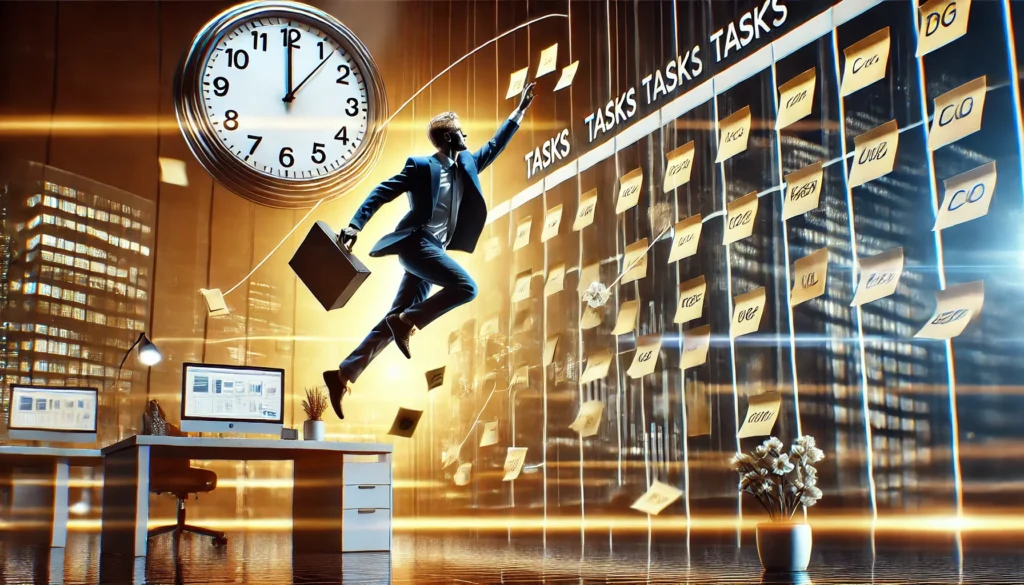 A digital illustration of a professional using a kanban board with sticky notes to prioritize tasks, with a clock in the background symbolizing time-conscious planning, set in a sleek office environment with warm lighting and a collaborative atmosphere.