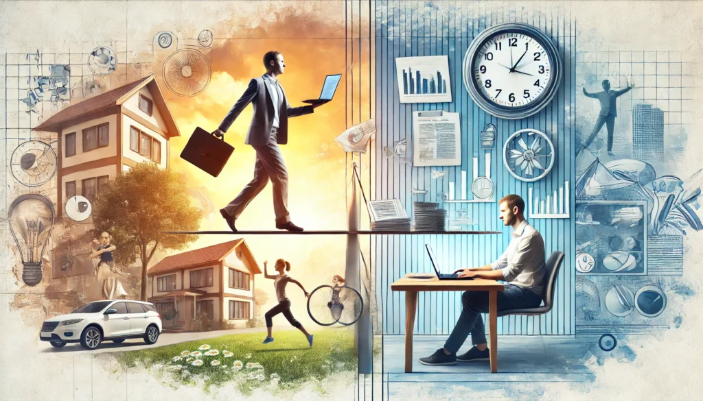 A digital illustration of a professional balancing work tasks, represented by a laptop and documents, with leisure activities like reading and exercising, set in a blended office and home environment, symbolizing time management, efficiency, and well-being.