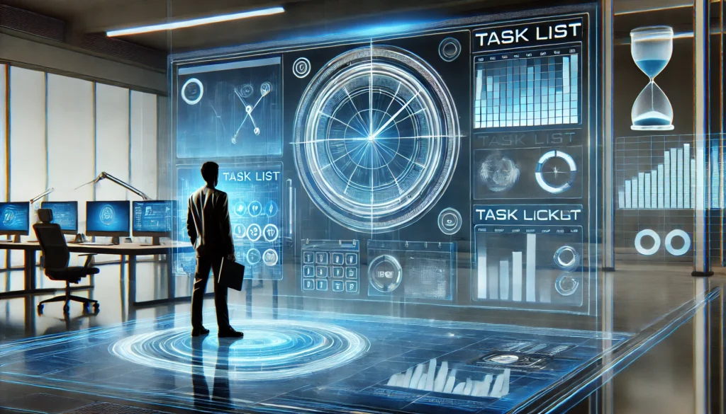 A digital illustration of a professional interacting with a holographic interface displaying a digital calendar, task list, and time-tracking analytics, set in a high-tech office with glowing blue elements and floating data visualizations, symbolizing productivity and efficiency in the digital era.