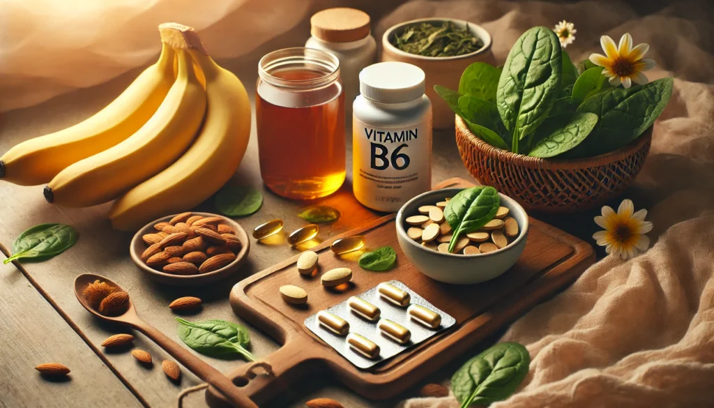 "A holistic approach to managing PMS with Vitamin B6 supplements and natural remedies. A wooden table holds Vitamin B6 capsules, a cup of herbal tea, and fresh ingredients such as bananas, spinach, and almonds. Soft lighting and warm tones create a soothing and healing atmosphere."