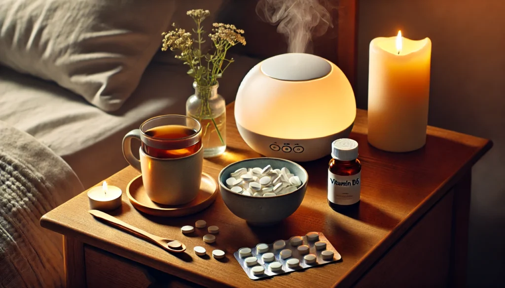 "A calming evening self-care setup with Vitamin B6 for PMS relief. A wooden bedside table holds a small bowl of Vitamin B6 supplements, a warm cup of chamomile tea, and a diffuser emitting a soft mist. A cozy candlelit ambiance enhances the sense of relaxation and well-being."