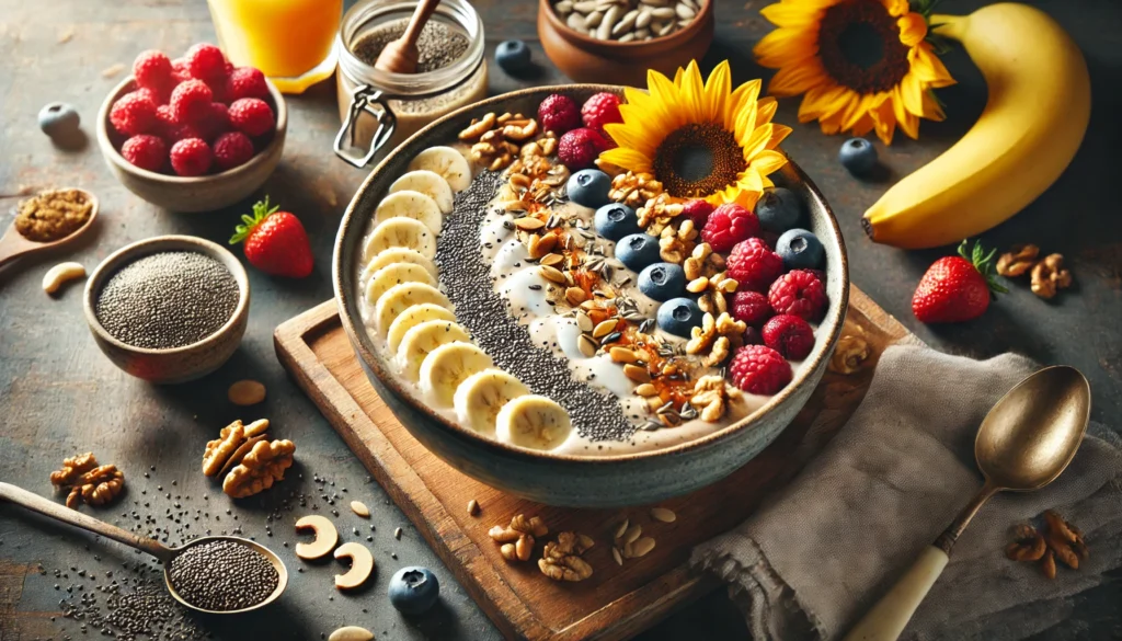 "A nutrient-rich smoothie bowl designed to ease PMS symptoms with Vitamin B6. The bowl is filled with blended banana, yogurt, sunflower seeds, and walnuts, topped with fresh berries and chia seeds. The warm and inviting setup radiates nourishment and hormone balance."