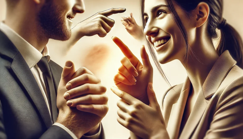 A digital illustration of two individuals making strong eye contact while smiling and using expressive hand gestures, set against a softly blurred background, symbolizing the importance of nonverbal communication, trust, and emotional intelligence.