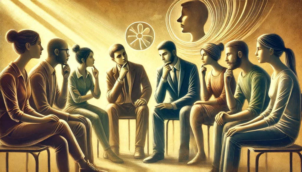 A digital illustration of a diverse group engaged in a discussion, where one person speaks while others lean in attentively, nodding and reacting with thoughtful facial expressions, set in a warm, inviting space with soft lighting, symbolizing empathy and effective communication.