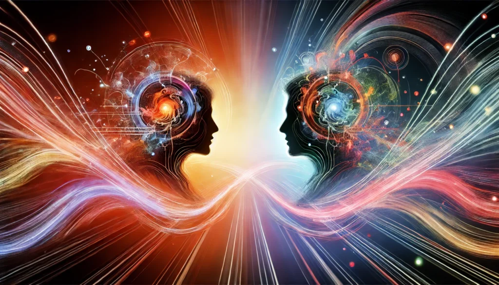 A digital illustration of two silhouetted figures facing each other with colorful energy waves flowing between them, symbolizing the exchange of ideas, mutual understanding, and harmony in conversation, set against a soft gradient background to evoke clarity and connection.