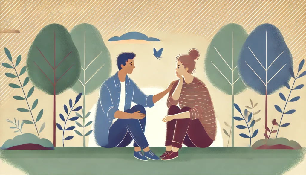 A digital illustration of two friends sitting in a peaceful park, with one speaking while the other leans in attentively, showing empathy through facial expressions and gestures, symbolizing active listening, understanding, and meaningful conversation in a healthy relationship.