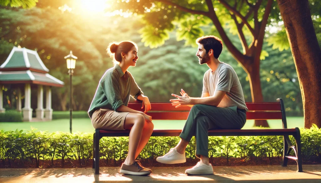 A digital illustration of two individuals sitting on a park bench, engaged in a lively conversation with open body language and natural expressions, surrounded by lush greenery and warm sunlight, symbolizing language confidence and ease in meaningful dialogue.