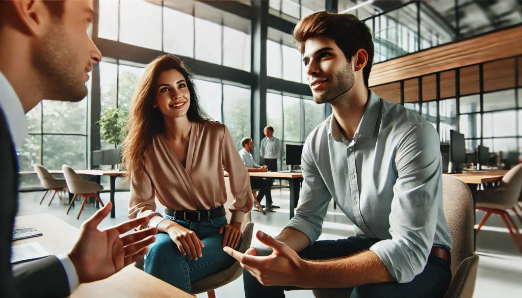 A digital illustration of two colleagues engaged in a professional yet relaxed discussion in a modern office, with one explaining while the other nods attentively, set in a bright workspace with large windows and a collaborative atmosphere, symbolizing workplace communication fluency.