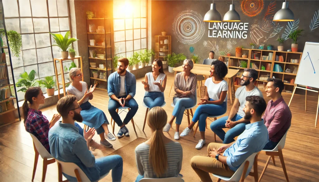 A digital illustration of a diverse group engaged in a lively discussion in a bright learning environment, sitting in a semi-circle with enthusiastic expressions and active participation, set against a warm classroom with books and plants, symbolizing language learning and group communication skills.