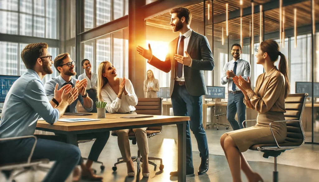 A digital illustration of a workplace scenario where a supportive manager encourages a team, making eye contact and using positive gestures, with engaged team members nodding and displaying enthusiasm, set in a contemporary office with warm lighting and a collaborative atmosphere, symbolizing motivation, trust, and effective leadership.