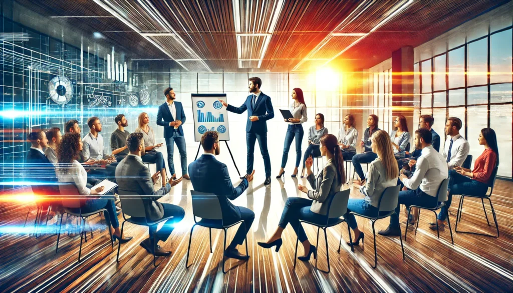 A digital illustration of professionals engaged in an interactive leadership workshop, with a facilitator leading a discussion while participants exchange ideas and use expressive gestures, set in a modern conference room with a collaborative and energetic atmosphere, symbolizing leadership skill-building and teamwork.
