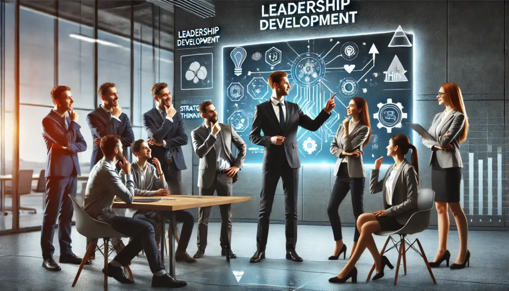A digital illustration of a mentor coaching a group of emerging leaders, guiding them through problem-solving exercises and brainstorming, with participants displaying enthusiasm, collaboration, and strategic thinking, set in a modern training space with digital boards, symbolizing career growth and leadership excellence.