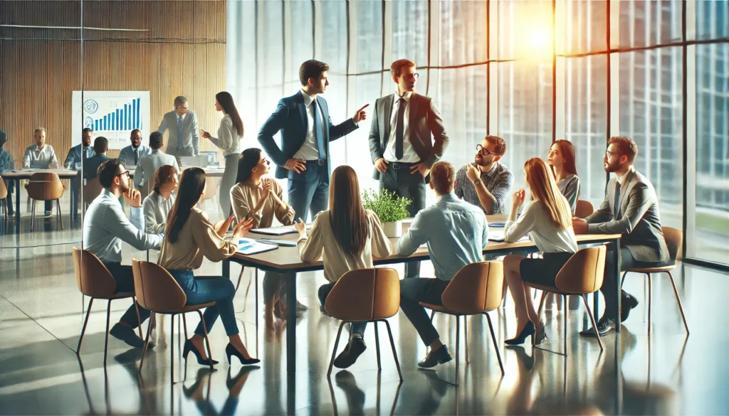 A digital illustration of a leadership coaching session, where a professional mentor guides a small team through a strategic planning discussion, with engaged team members contributing ideas, set in a modern office with large windows and a collaborative atmosphere, symbolizing leadership growth and professional success.