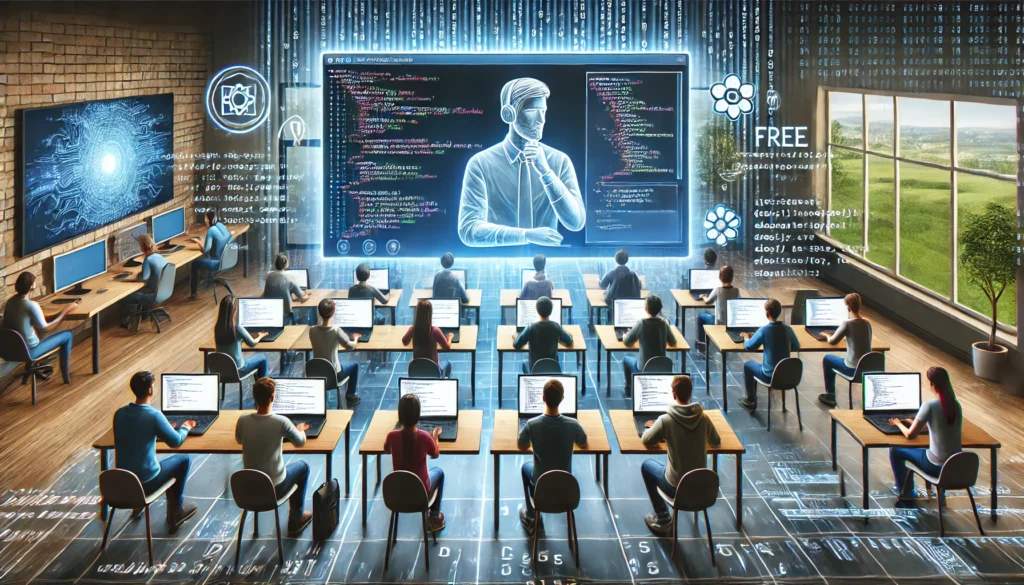 A digital illustration of an interactive online software development training session, where a diverse group of students participates in a virtual coding class, working on laptops while a mentor guides them on a large screen, with floating digital code visuals symbolizing free and accessible learning.
