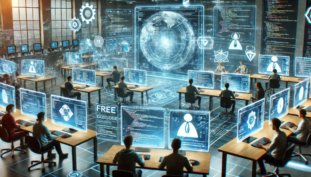 A digital illustration of a futuristic software development training environment, where learners interact with holographic programming interfaces at advanced digital workstations, surrounded by floating code elements and glowing UI, symbolizing innovation and free access to cutting-edge programming education.