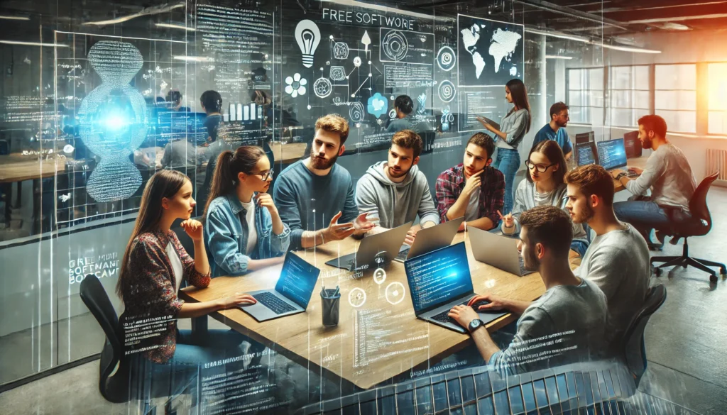 A digital illustration of a collaborative coding bootcamp session, where a diverse group of students works on a software project together using laptops, brainstorming ideas in a high-tech co-working space with large digital screens displaying programming concepts, symbolizing teamwork and free software development training.