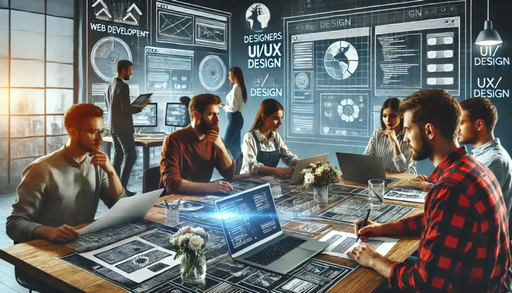 A digital illustration of a collaborative web development team working on a project, with designers and developers brainstorming, sketching wireframes, and coding on laptops in a high-tech co-working space with digital screens displaying website elements, symbolizing teamwork and UI/UX design skills.