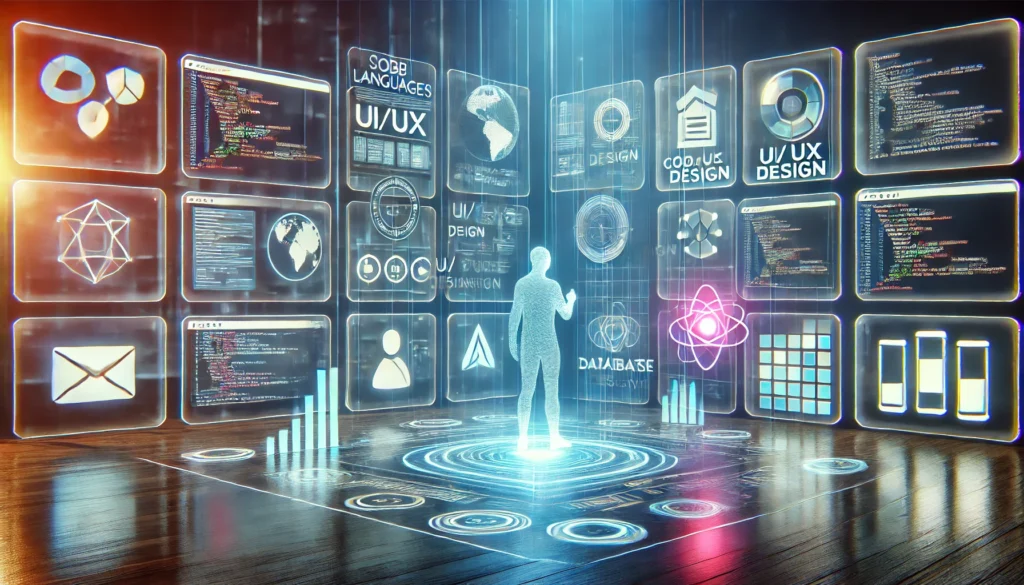 "A futuristic workspace with glowing screens showcasing abstract representations of coding languages, UI/UX design, and database management. A holographic human figure interacts with floating digital interfaces, symbolizing problem-solving and adaptability in web development. The scene is illuminated with soft neon lighting, emphasizing a modern, high-tech atmosphere.
