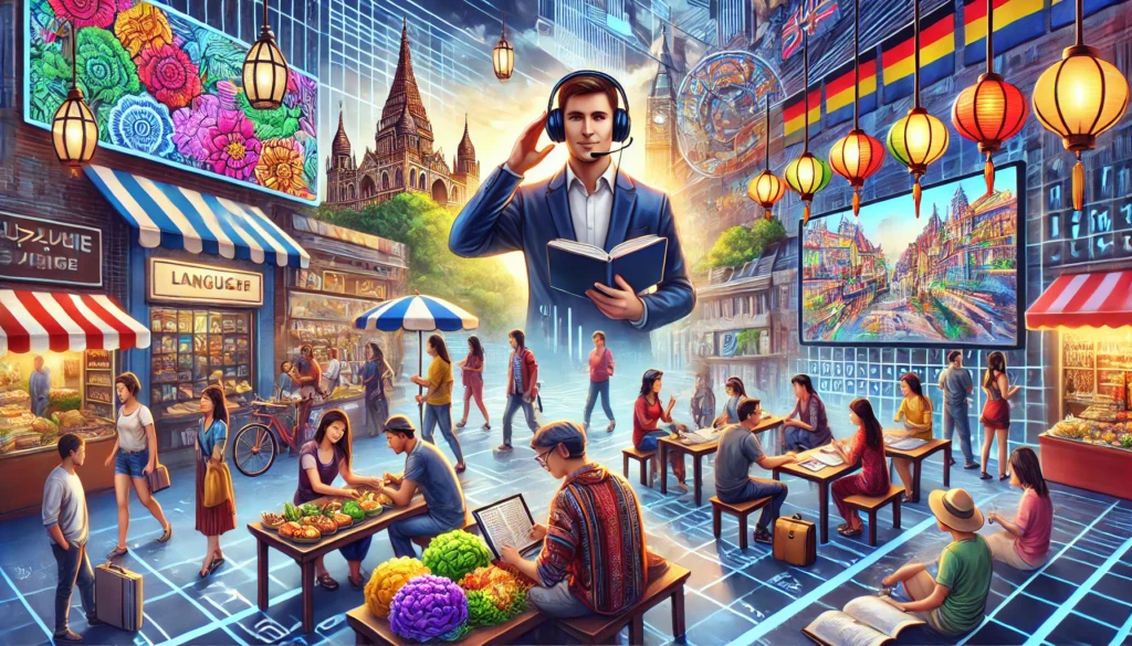"A traveler practicing language skills with a native speaker in a market, a learner watching a foreign-language film with subtitles, and a classroom scene with interactive discussions. The setting is colorful and culturally rich, symbolizing immersive learning strategies.