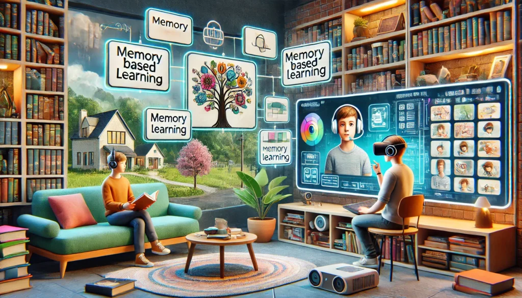 "A multi-method approach to language learning featuring a learner using illustrated flashcards, a person in a virtual reality conversation with an AI tutor, and a cozy reading nook with books and audio devices. The scene is dynamic and engaging.