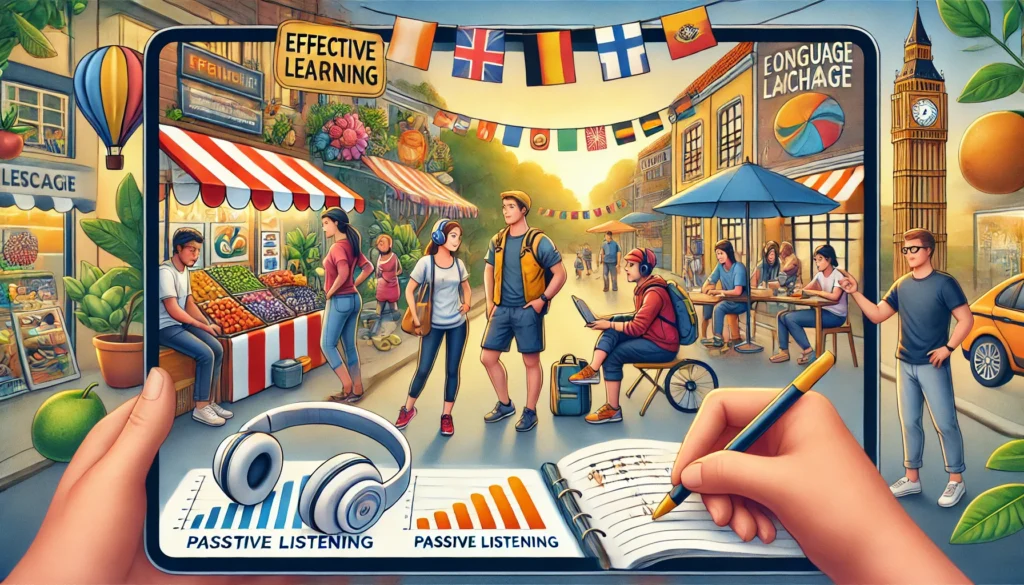 A young traveler conversing with a local vendor, a student listening to a language podcast while jogging, and a group at a language exchange meetup. A study space with a notebook in the background highlights the importance of writing practice."